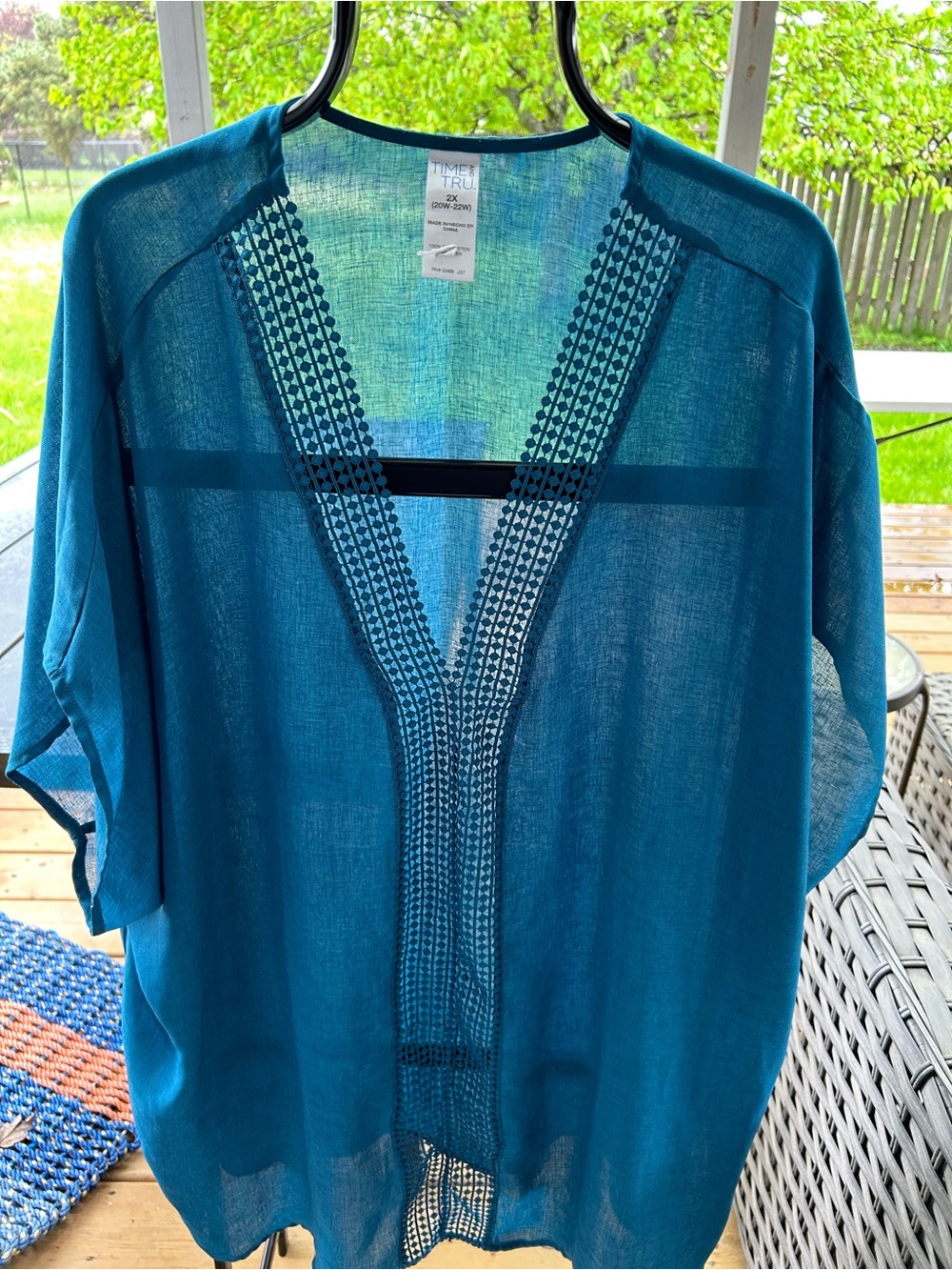 Time and Tru Teal Crochet-Trim V-Neck Sheer Tunic